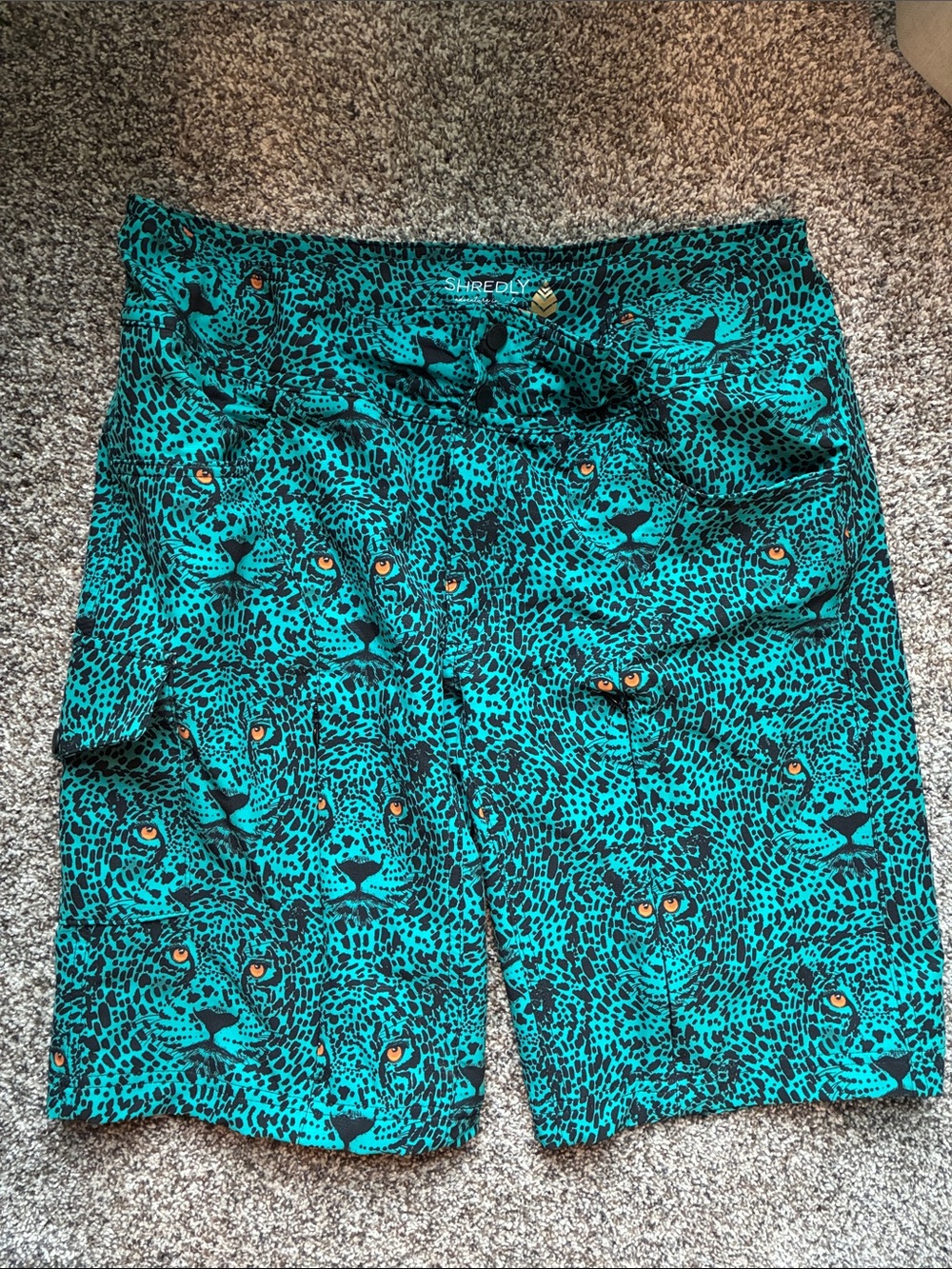 Shredly Teal Cheetah Print Mountain Bike Shorts